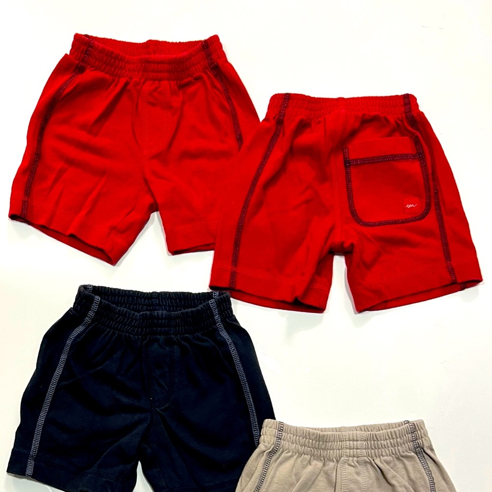 Four Pair of Tea Collection Shorts (2 Red, 1 Navy, 1 Gray) - 3 to 6 mos (VGUC)